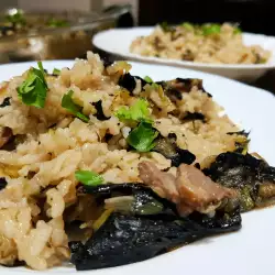 Rice with Beef, Black Trumpets and Leeks