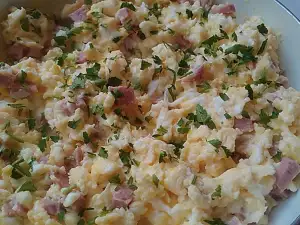 Scrambled Eggs with Feta Cheese, Cottage Cheese and Ham