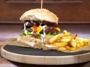 Beef Burger with Ketchup and Barbecue Sauce