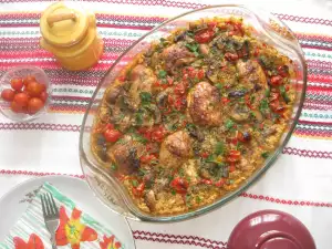 Chicken Drumsticks with Rice, Mushrooms and Cherry Tomatoes