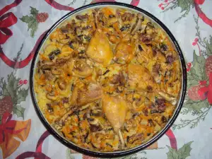 Chicken Legs with Rice and Mushrooms in the Oven