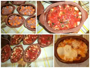 Earthenware Dishes with Meat, Potatoes and Tomatoes