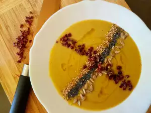 Vegetable Cream Soup with Jamon, Seeds and Nuts