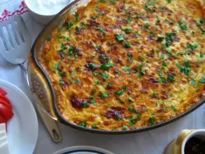 Moussaka with Bechamel, Eggs and Cheese