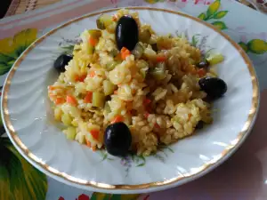 Rice with Carrots and Pickles in a Wok Pan