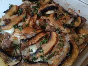 Pork Steaks with Mushrooms and Processed Cheese in Glass Cooking Tray