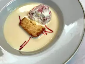 White Chocolate Soup with Lemon Brownie and Ice Cream