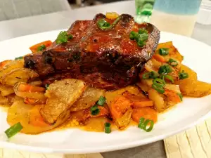 Slow Roasted Pork Belly with a Potato and Carrot Garnish