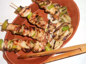 Pork Skewers with Bacon, Onions and Peppers