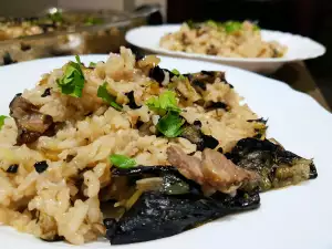 Rice with Beef, Black Trumpets and Leeks