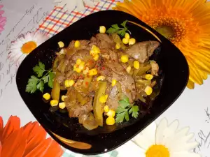 Rabbit Livers with Mushrooms, Pickles and Corn