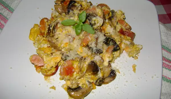 Scrambled Eggs with Sausage, Mushrooms and Parmesan