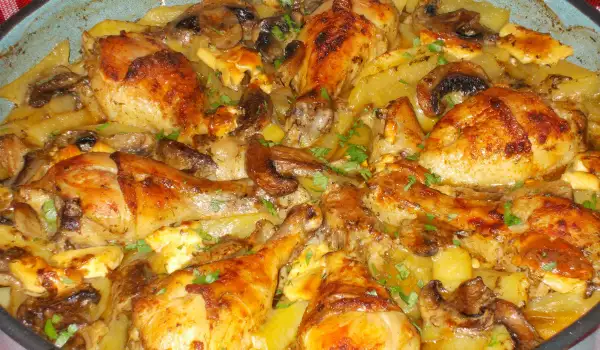 Drunk Chicken Legs with Mushrooms, Potatoes and a Little Something