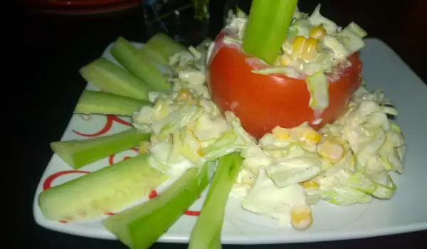 Thracian-Style Stuffed Tomatoes with Cabbage, Corn and Mayonnaise