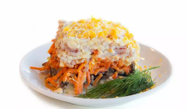 Layered Salad with Smoked Meat and Mushrooms