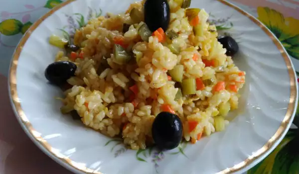 Rice with Carrots and Pickles in a Wok Pan
