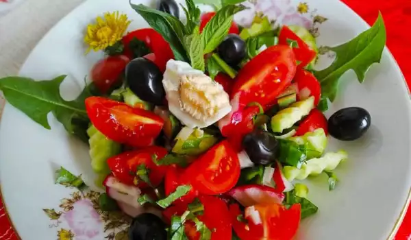 Colorful Salad with Radishes, Cherry Tomatoes and Dandelion Leaves