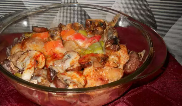 Baked Brown Button Mushrooms with Cheese and Peppers