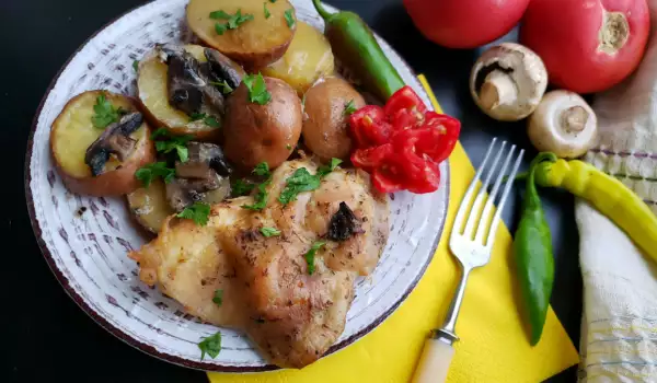 Oven-Baked Chicken Steaks with Mushrooms and Potatoes