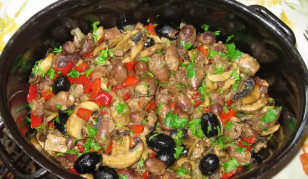 Chicken Hearts with Mushrooms, Peppers and Olives