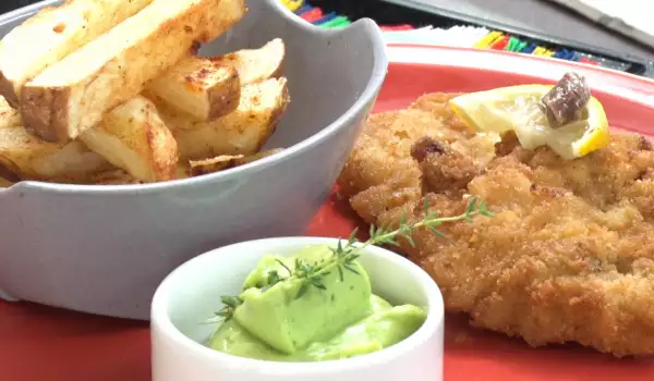 Chicken Schnitzel with French Fries and Avocado Mayonnaise