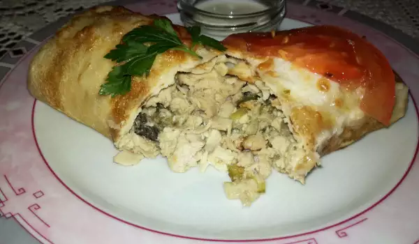 Pancakes with Chicken, Mushrooms and Yellow Cheese