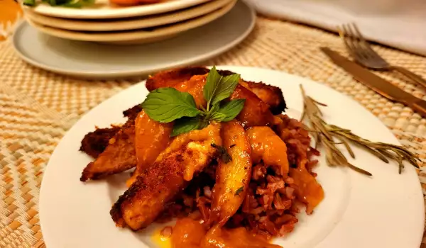 Pork Juliennes with Red Rice and Nectarine Sauce