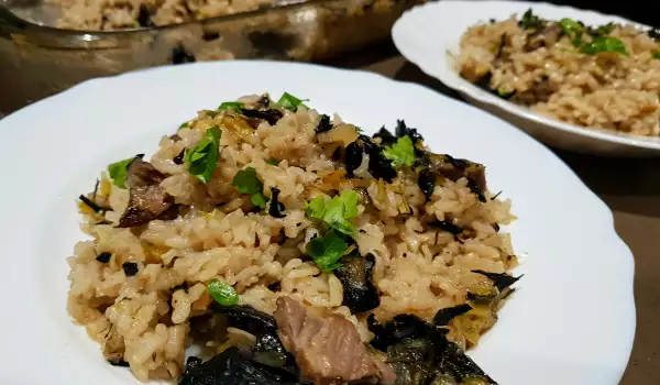 Rice with Beef, Black Trumpets and Leeks