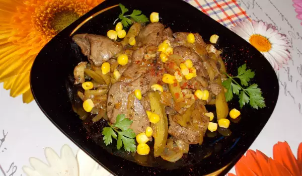 Rabbit Livers with Mushrooms, Pickles and Corn