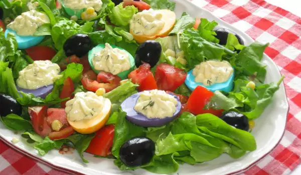 Fresh Salad with Colorful Stuffed Eggs