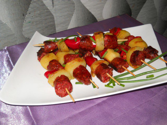 Colorful Shish Kabob with Sausage and Potatoes