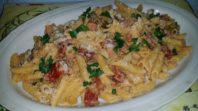 Penne with Chorizo and Eggs