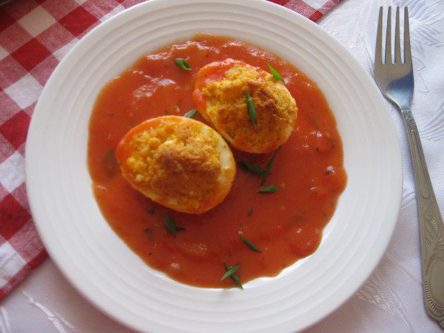 Deviled Eggs in Tomato Sauce
