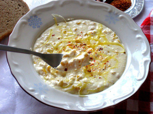 Corn, Cottage Cheese and Yellow Cheese Cream Soup