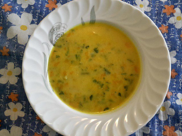 Green Bean, Carrot and Crouton Soup