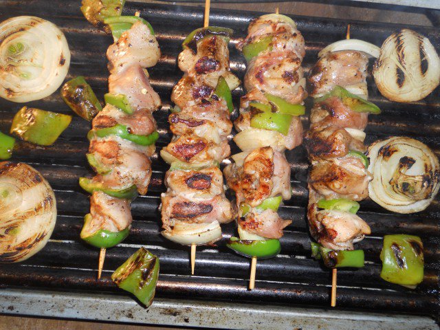 Pork Skewers with Bacon, Onions and Peppers