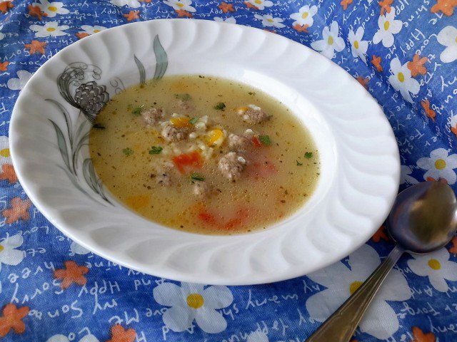 Meatball Soup with Carrots and Rice