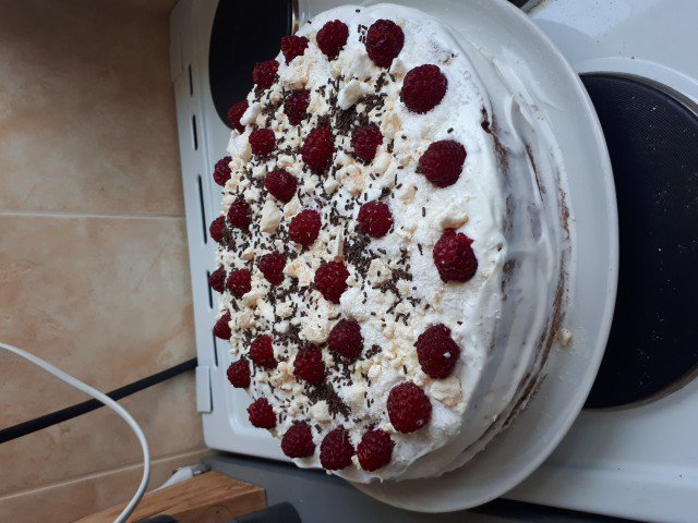 Coconut Cake with Meringues and Raspberries