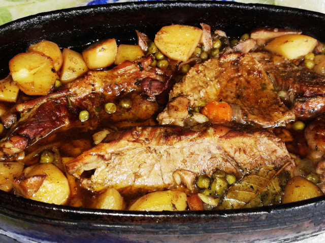 Pork with Peas and New Potatoes in a Guvec