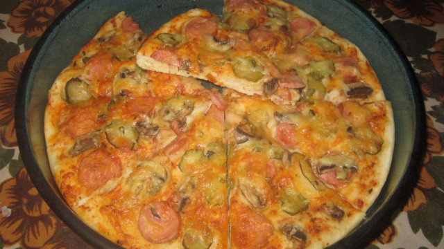 Pizza with Vienna Sausages and Mushrooms
