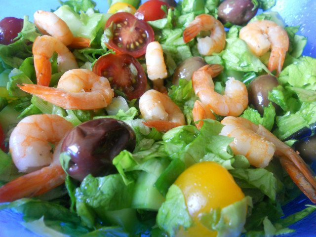Spring Green Salad with Olives and Shrimp