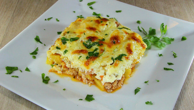Moussaka with Bechamel, Eggs and Cheese