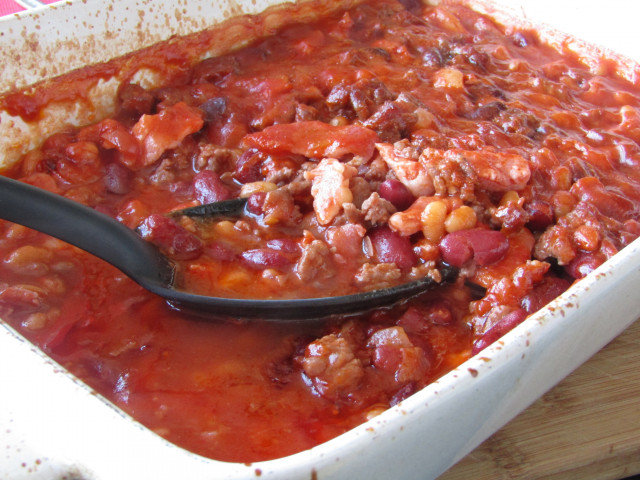 Delicious Warm Dish with Bacon, Minced Meat and Beans