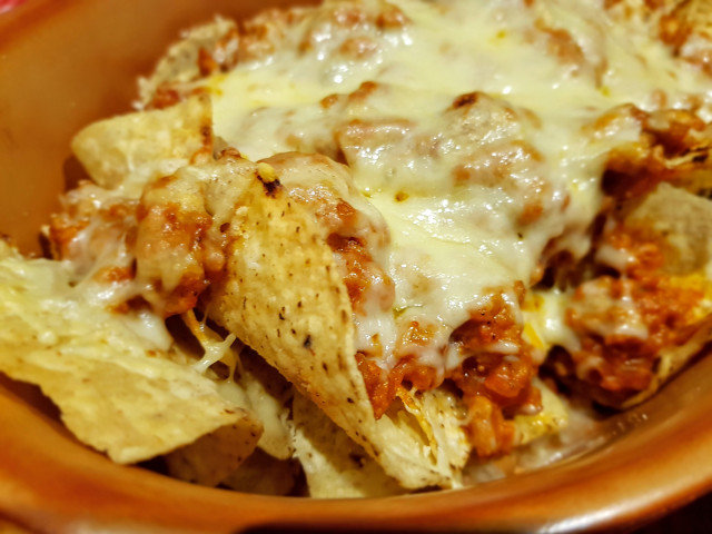 Nachos with Minced Meat and Three Cheeses
