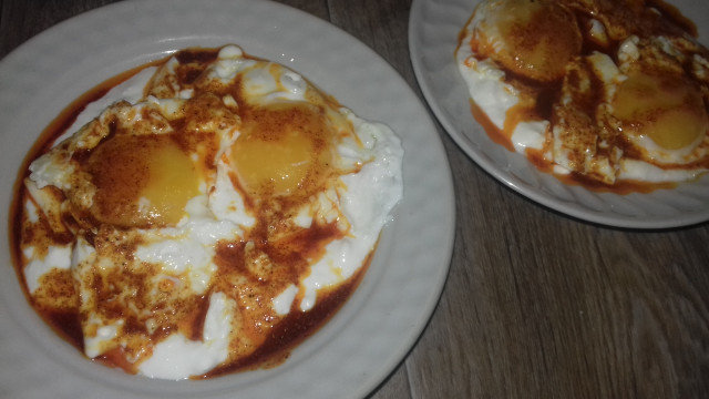 Fried Eggs on Yoghurt and Feta Cheese