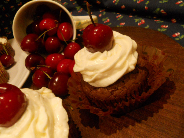 Chocolate Cupcakes with Cherries and Cream Cheese Glaze