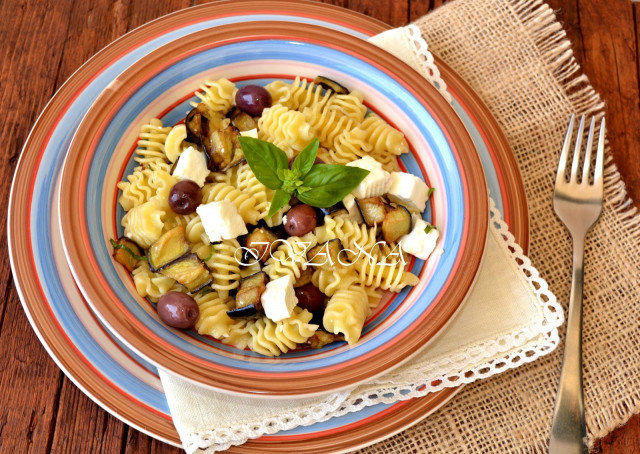 Cold Pasta with Eggplant, Feta Cheese and Olives