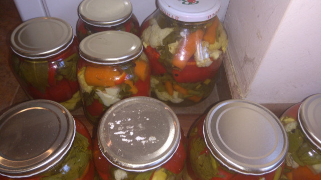 Bell Peppers, Carrots and Cauliflowers in Three Liter Jars