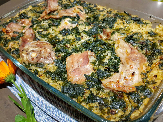 Oven-Roasted Rabbit with Rice and Spinach
