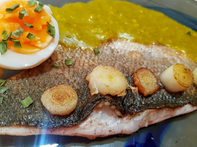 Pan-Seared Sea Bass with Leek and Saffron Sauce